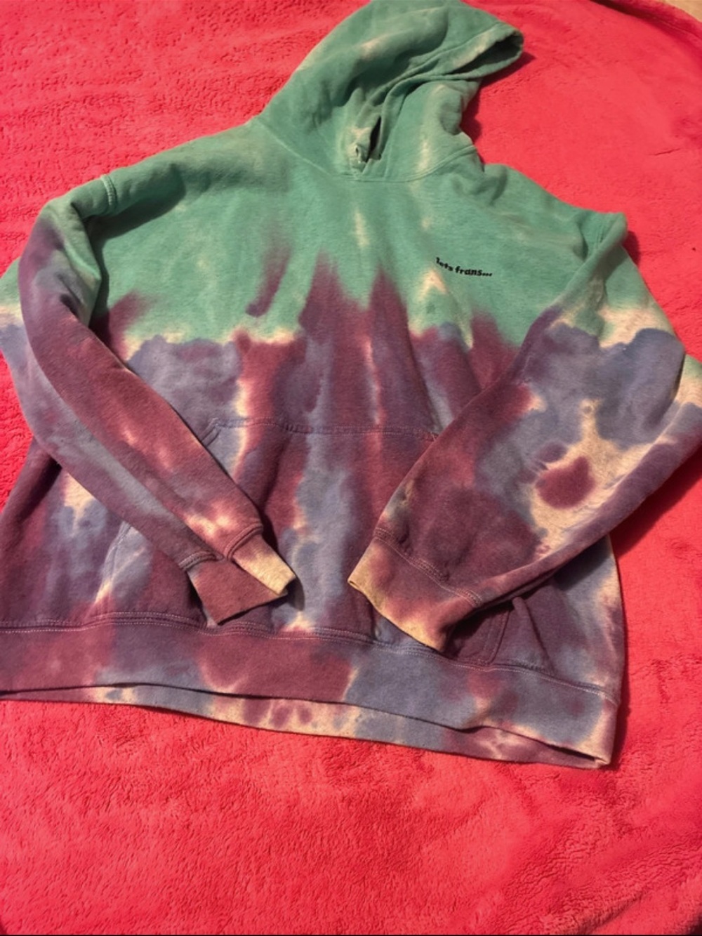 Tie-Dye Cowl & Turtleneck Pullover Hoodie - Green & Purple - Unbranded
